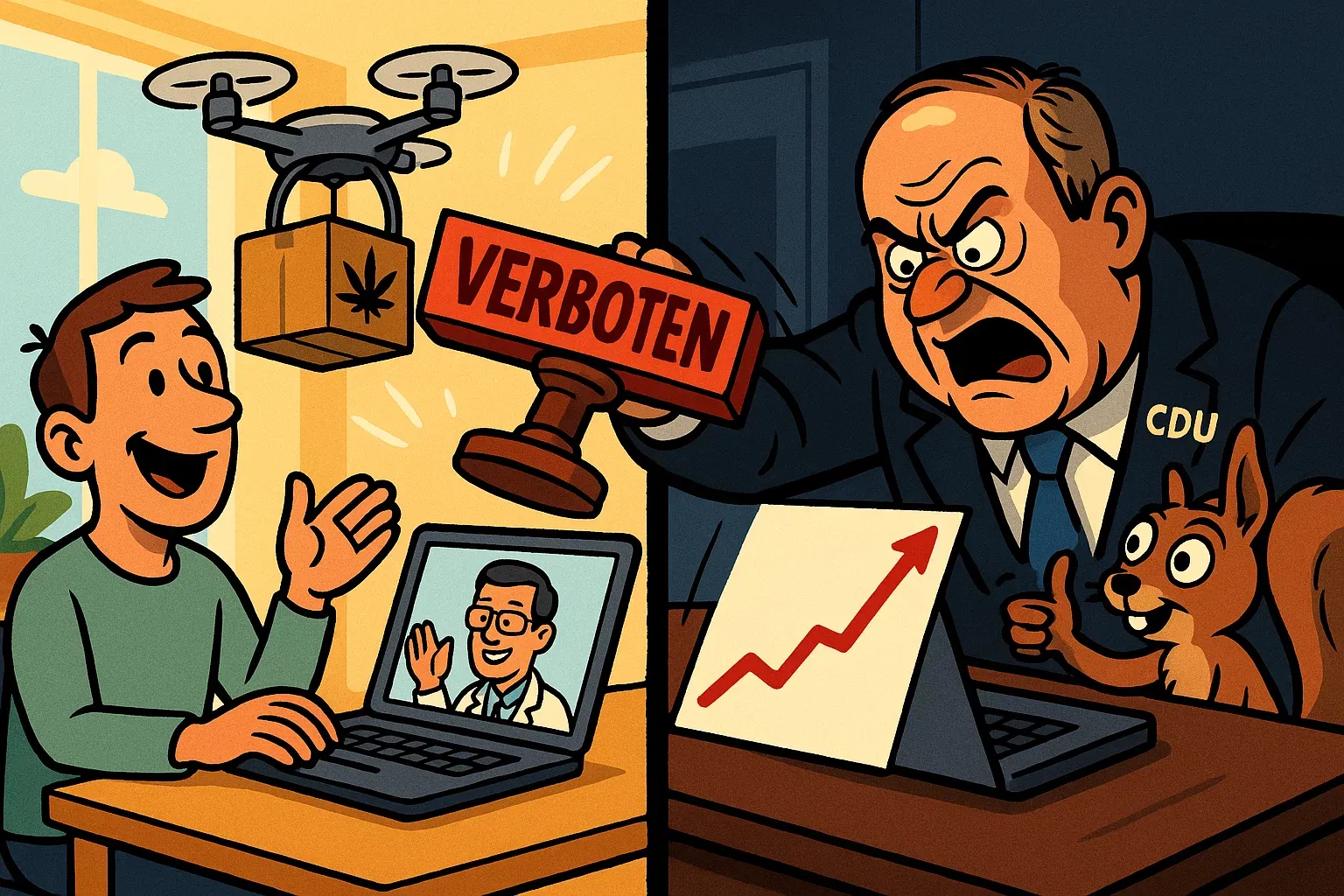 Waage zwischen Patientenbedarf (Rezepte) und politischer Regulierung (Verbotsschilder).