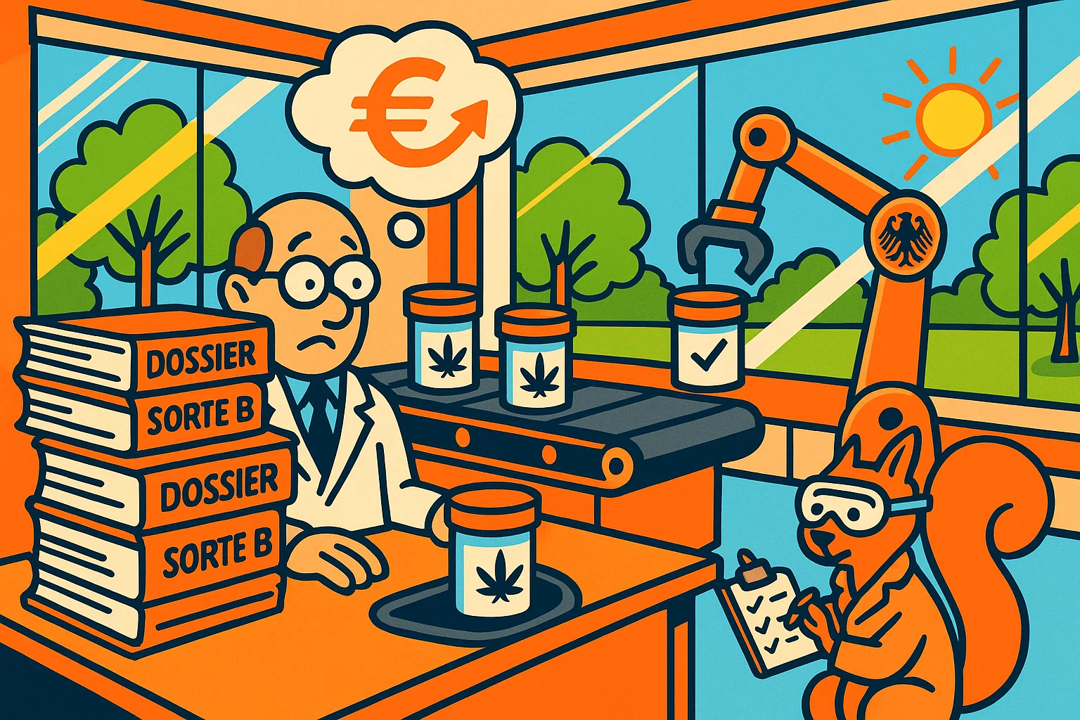 Symbolbild: Ein Apotheker versinkt in Aktenbergen, während ein Eichhörnchen Checklisten abhakt.