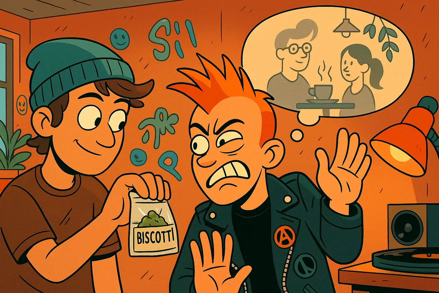 Comic: Riot-Ronny nimmt angewidert eine Tüte Biscotti entgegen, weil der Name ihn an die Yuppie-Cafés erinnert, die er hasst.