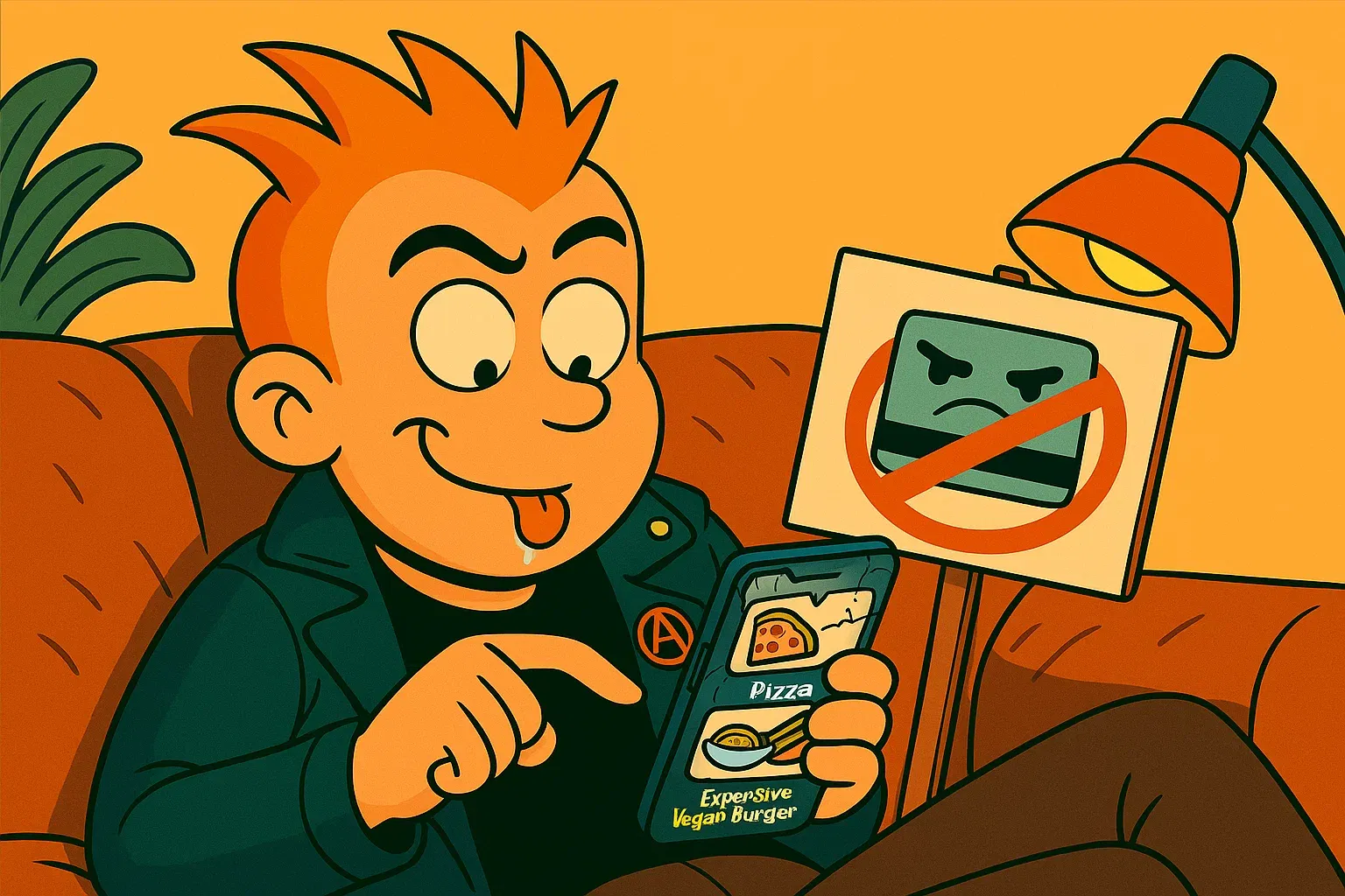 Comic: Ronny scrollt auf seinem Handy, vorbei an Demos, direkt zur Liefer-App und bestellt sabbernd einen überteuerten Bio-Burger.