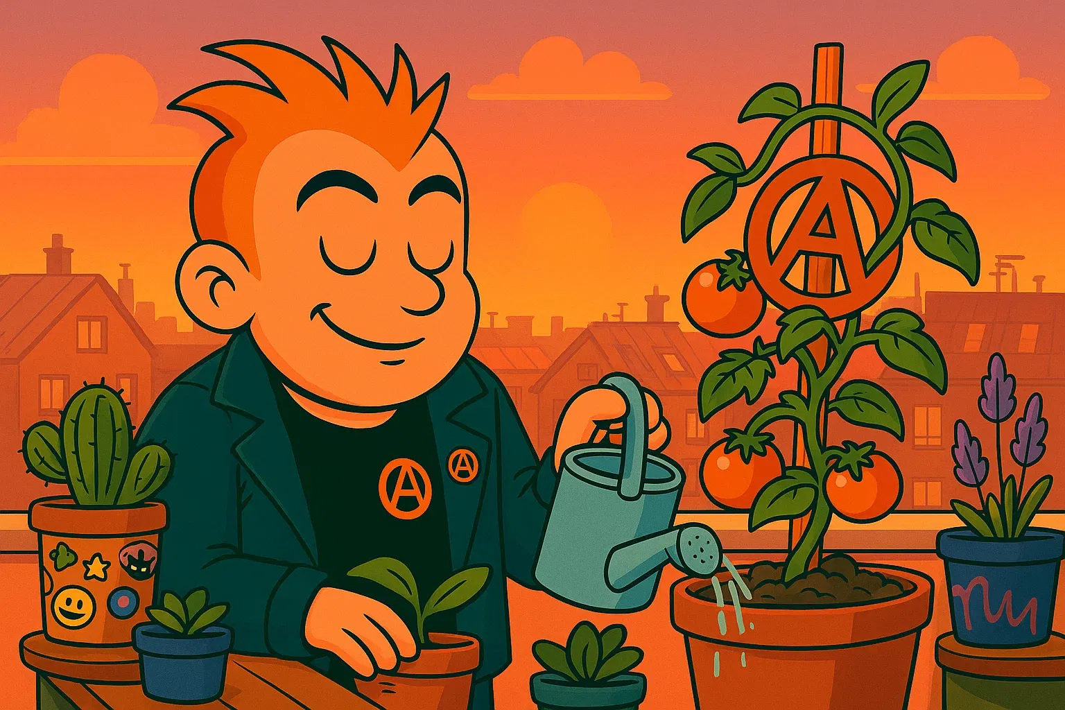 Comic: Ronny sitzt friedlich auf seinem Balkon, hat seine Nietenhalskette gegen eine Gießkanne getauscht und pflegt eine Tomatenpflanze.
