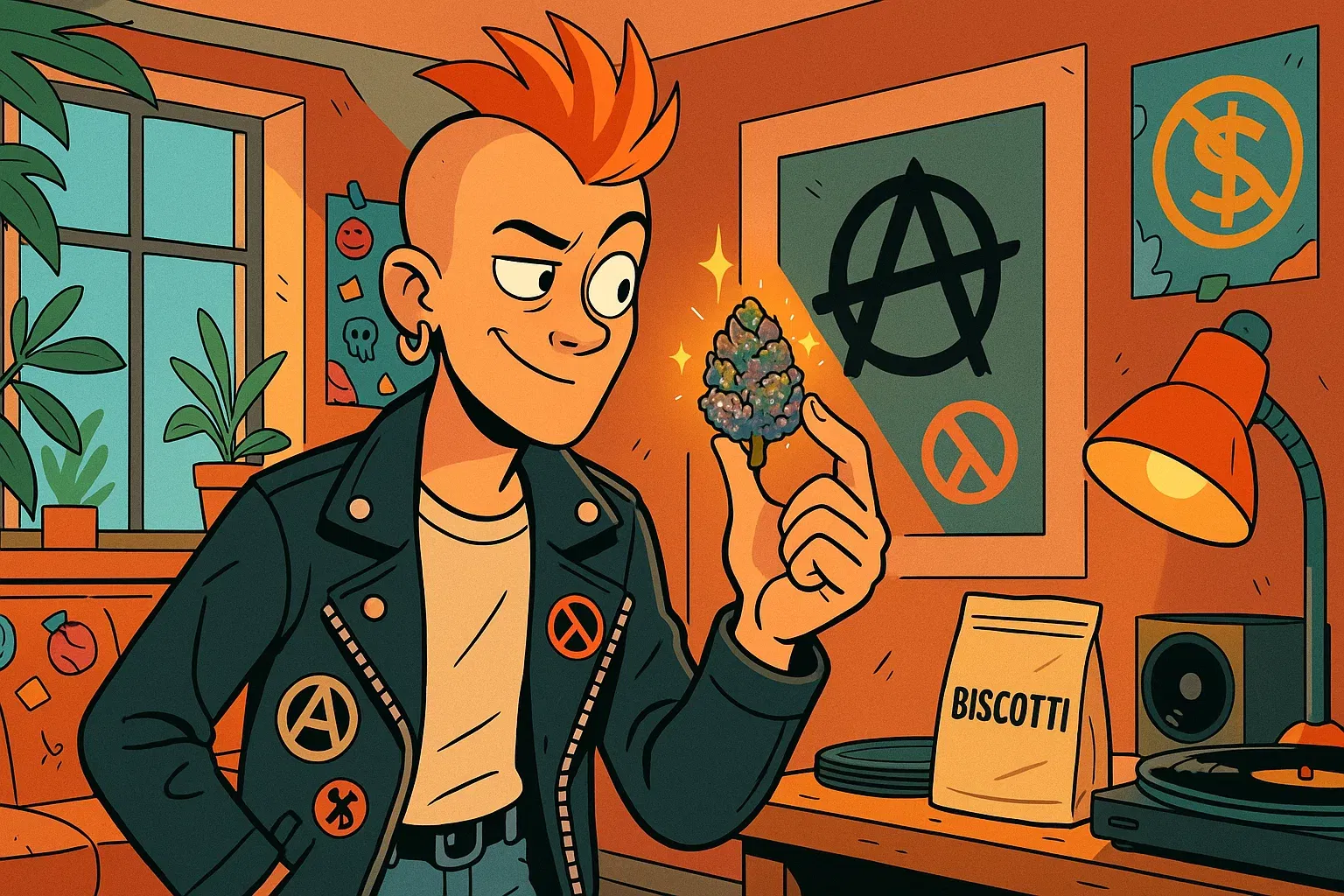 Punk Riot-Ronny in seiner heruntergekommenen Wohnung, umgeben von Protestschildern, hält einen frostigen Biscotti-Bud und schaut misstrauisch.