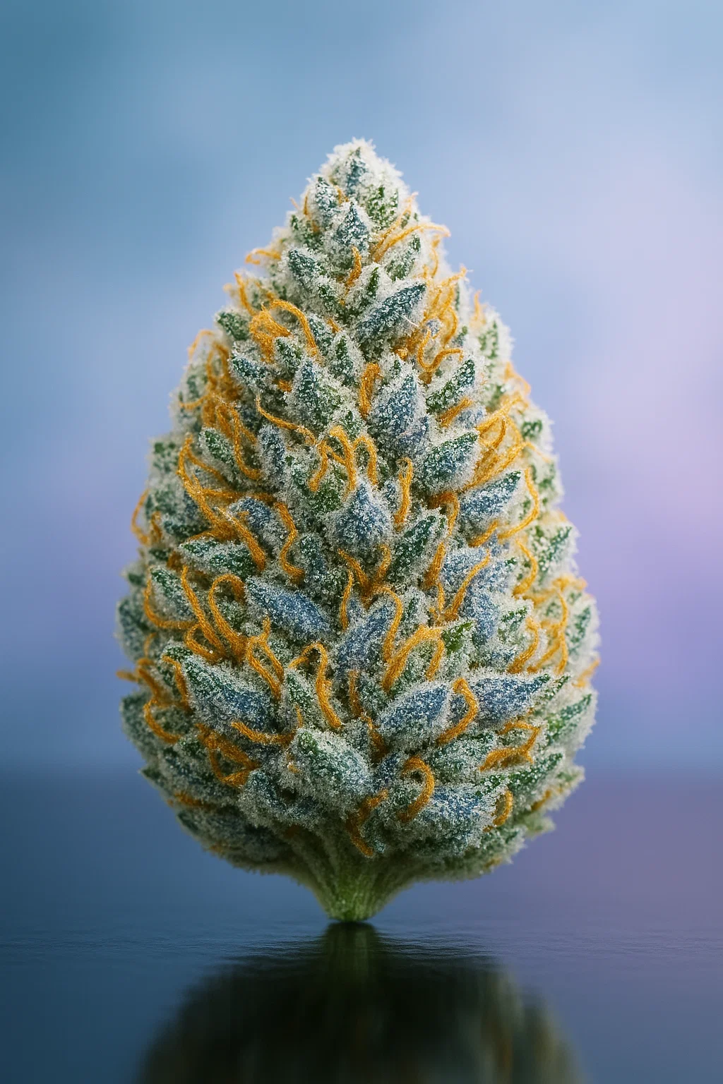 Helle, frostige Blue Dream Cannabisblüten mit blauen Reflexen