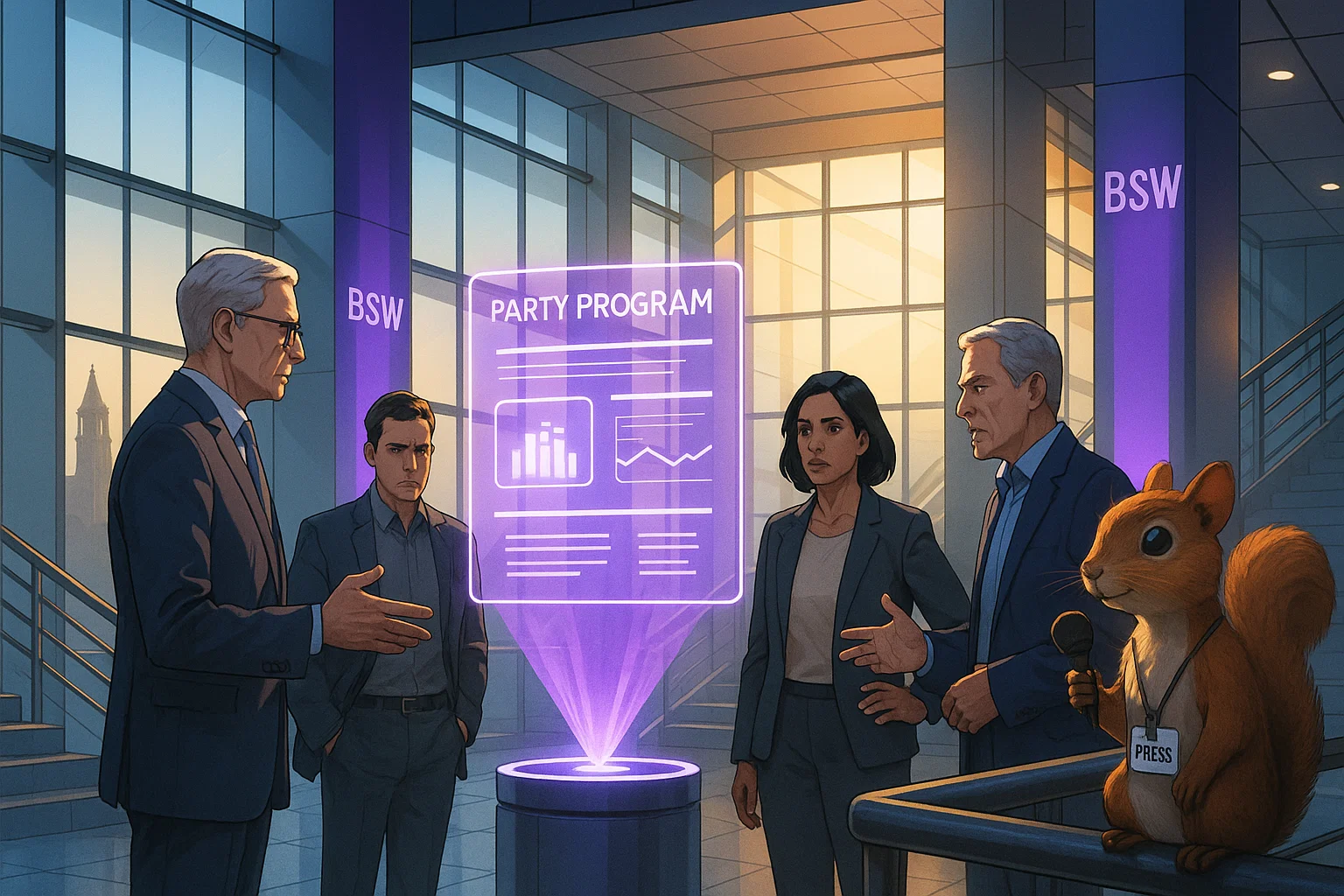 High-end Konzeptkunst: Luftaufnahme des Dom zu Magdeburg, davor moderne Glashalle mit BSW-Banner, Delegierte strömen hinein.