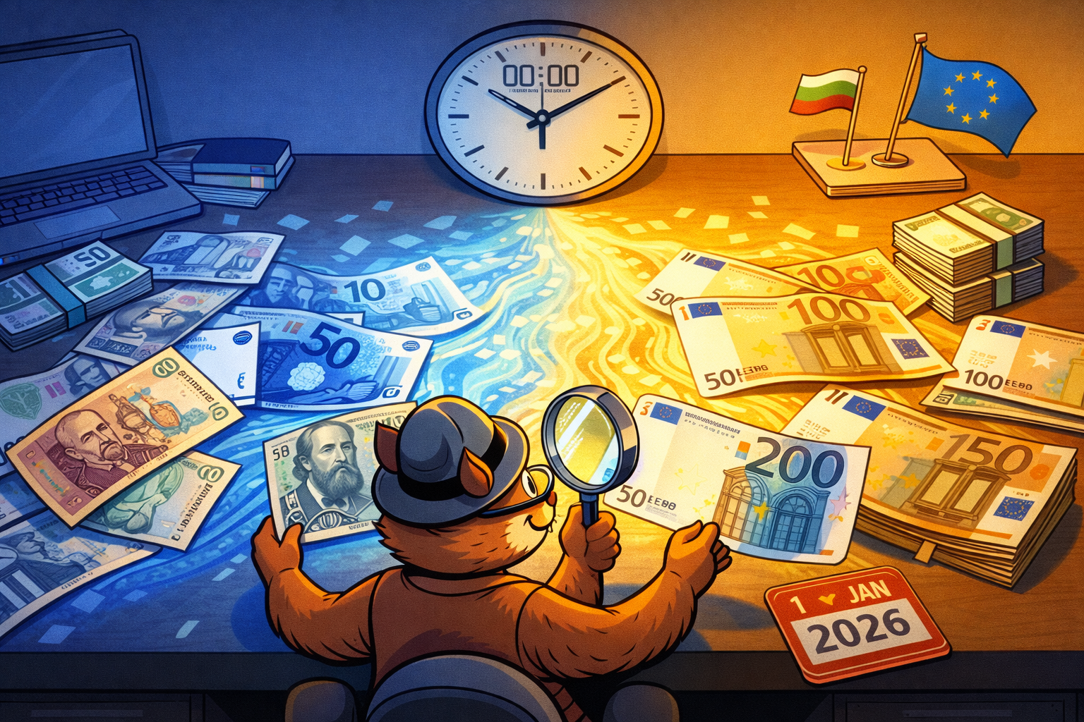 Karikatur: Deutsche Touristen am Goldstrand zahlen entspannt mit Euro, während ein Kellner lächelnd die Rechnung bringt.