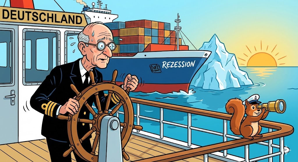 Karikatur: Friedrich Merz als Kapitän auf einem Containerschiff, das wendet.