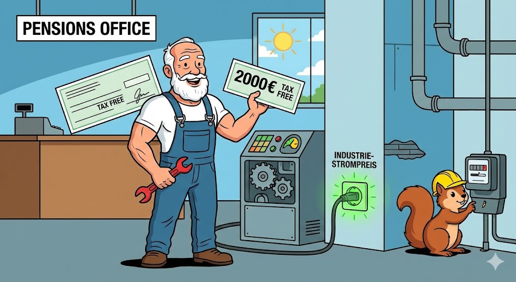 Karikatur: Glücklicher Rentner mit steuerfreiem Scheck und Industriestrom-Steckdose.