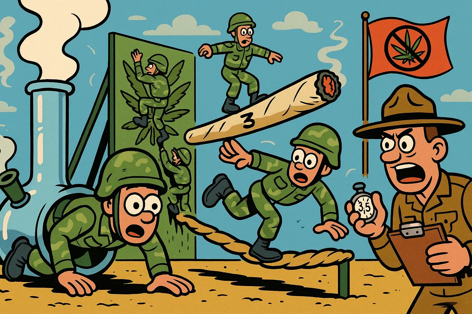 Sonderausbildung 'CanG-Tauglichkeit': Der neue Hindernisparcours der Truppe Karikatur: Ein Drill-Sergeant lässt Soldaten über einen Cannabis-Hindernisparcours springen, um ihre 'CanG-Tauglichkeit' zu testen.