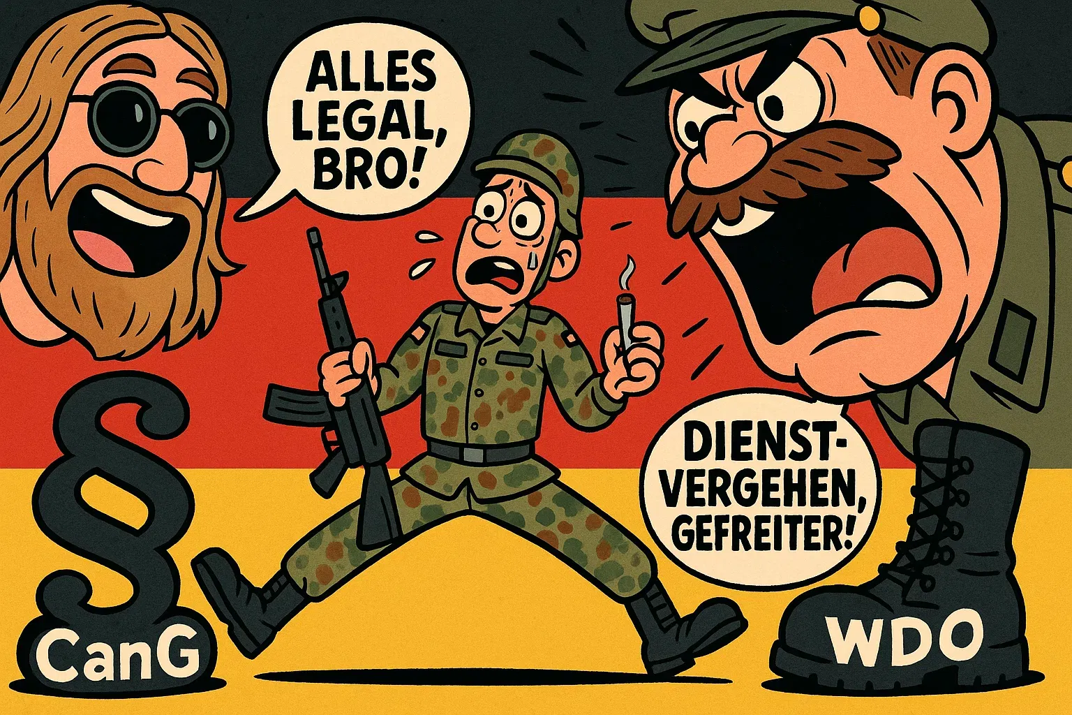 Bundeswehr im Zwiespalt: Befehl und Gehorsam vs. legales Cannabis Karikatur zum Konflikt zwischen Bundeswehr und Cannabisgesetz: Ein Soldat steht im Spagat zwischen einem Joint und einem Befehl vom Kommandeur.