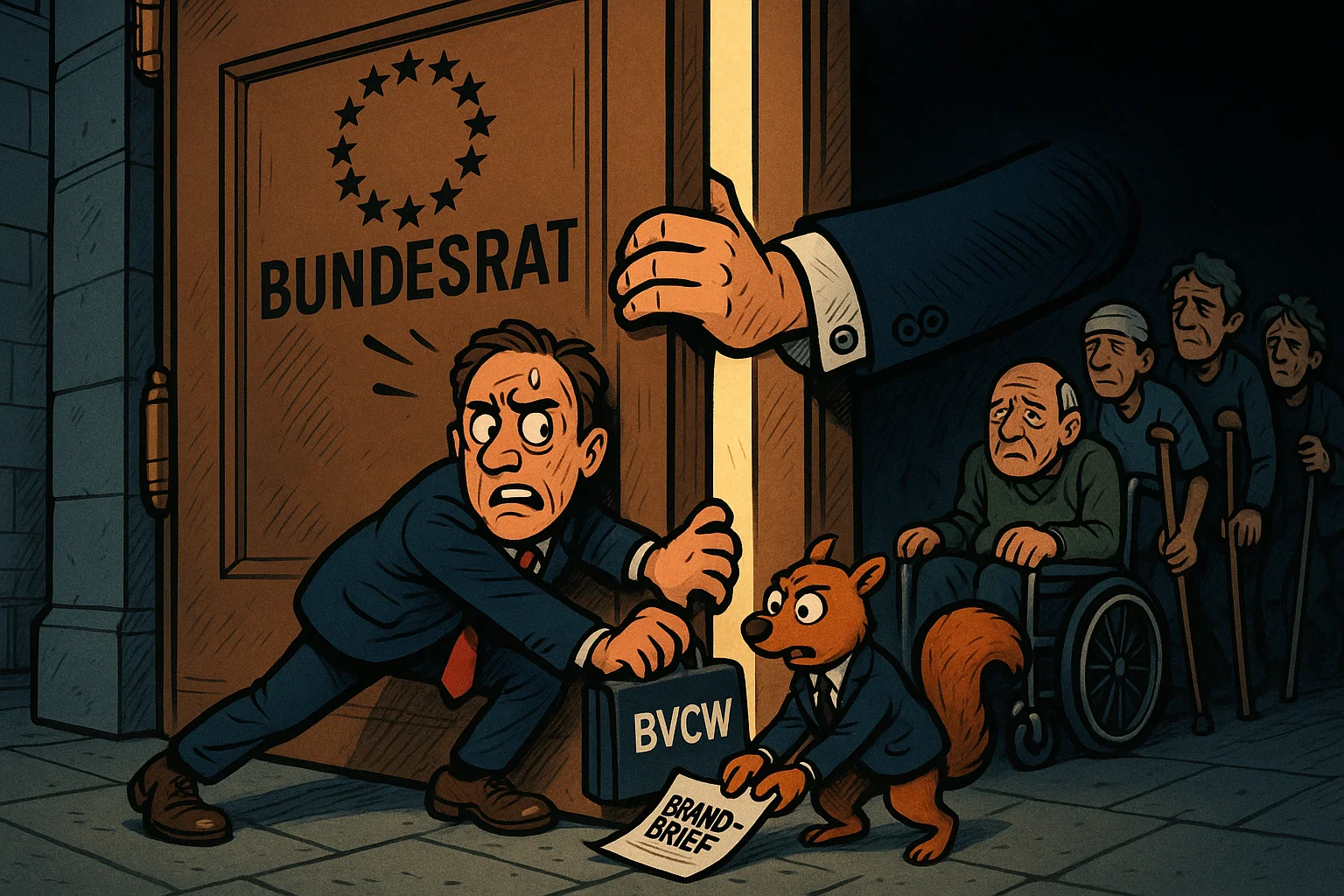 Symbolbild: Ein BvCW-Vertreter stemmt sich in den Türspalt des Bundesrats, um eine Gesetzesänderung zu stoppen, die Patienten von der Versorgung abschneidet.