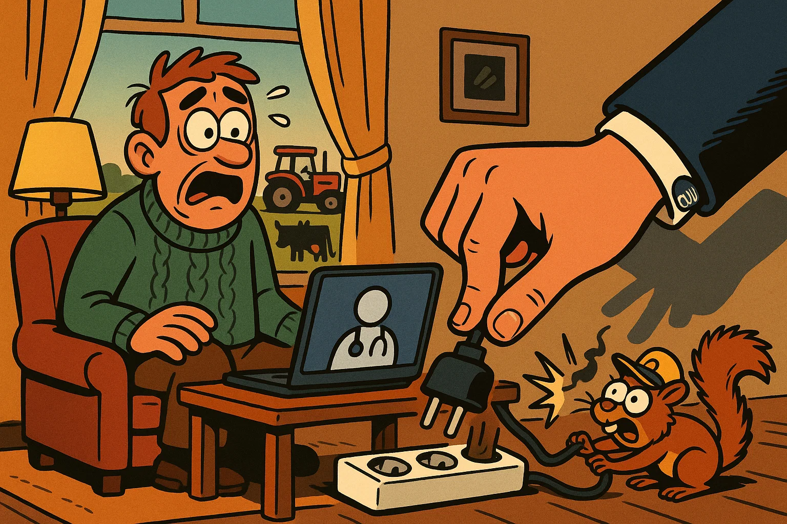 Ein Patient auf dem Land schaut traurig auf einen Laptop (Telemedizin), der von einem 'Verboten'-Schild blockiert wird, während eine Apotheke am Horizont unerreichbar fern ist.