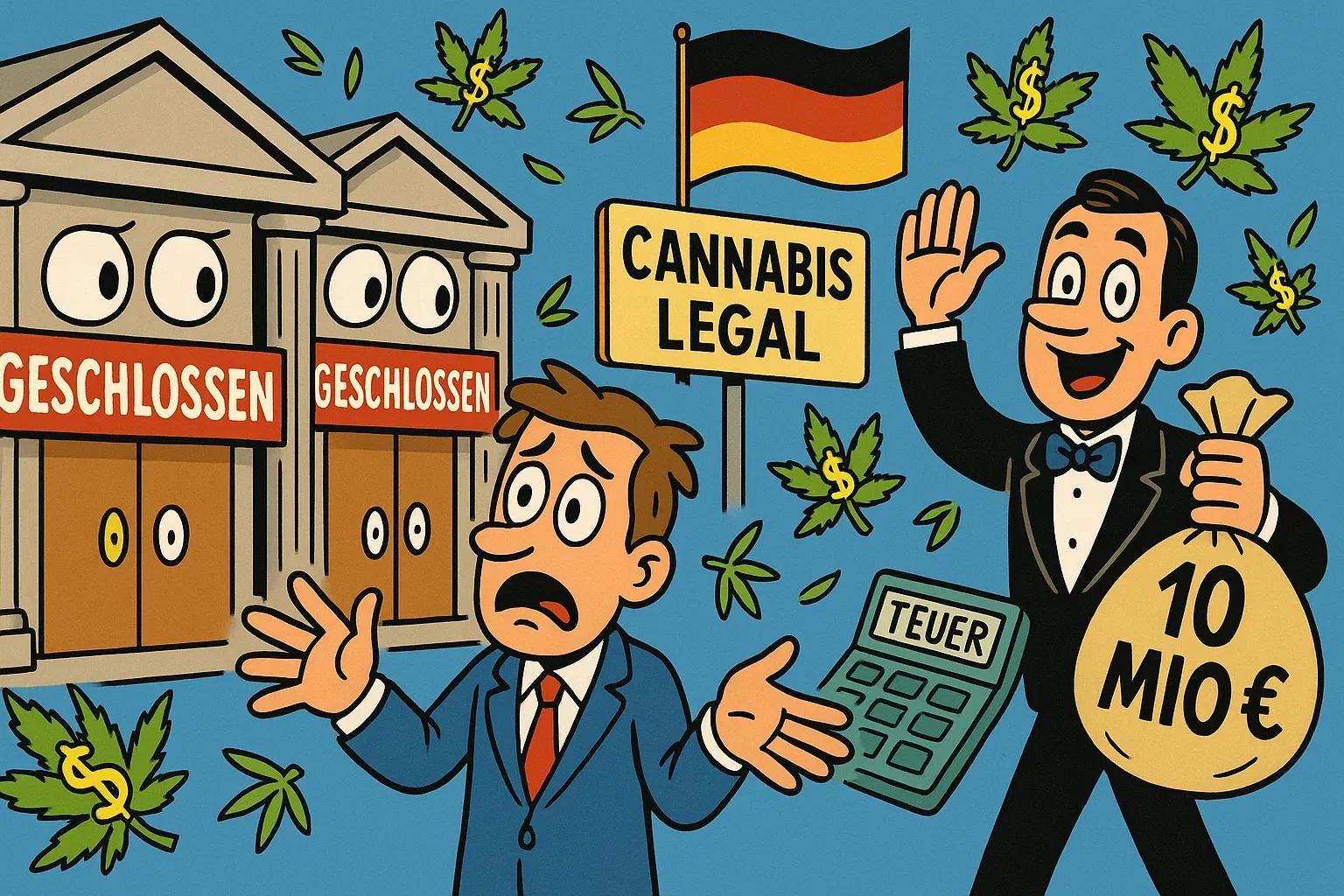 Karikatur: Cannabis-Unternehmer steht verzweifelt vor verschlossenen Banktüren