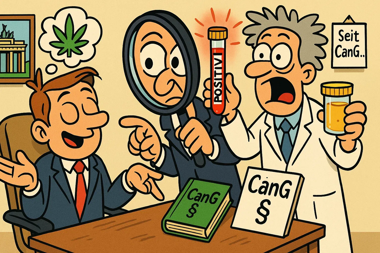 Kurz erklärt: Drogentests am Arbeitsplatz Karikatur: Chef ist panisch wegen Cannabis-Legalisierung.