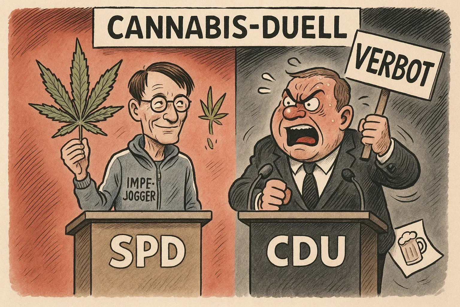 Cannabis-Duell: Lauterbach und CDU im Schlagabtausch Karikatur: Karl Lauterbach (SPD) im Impf-Jogger mit Cannabisblatt vs. CDU-Politiker mit Verbotsschild, Bierkrug-Zettel am Boden – Cannabis-Duell