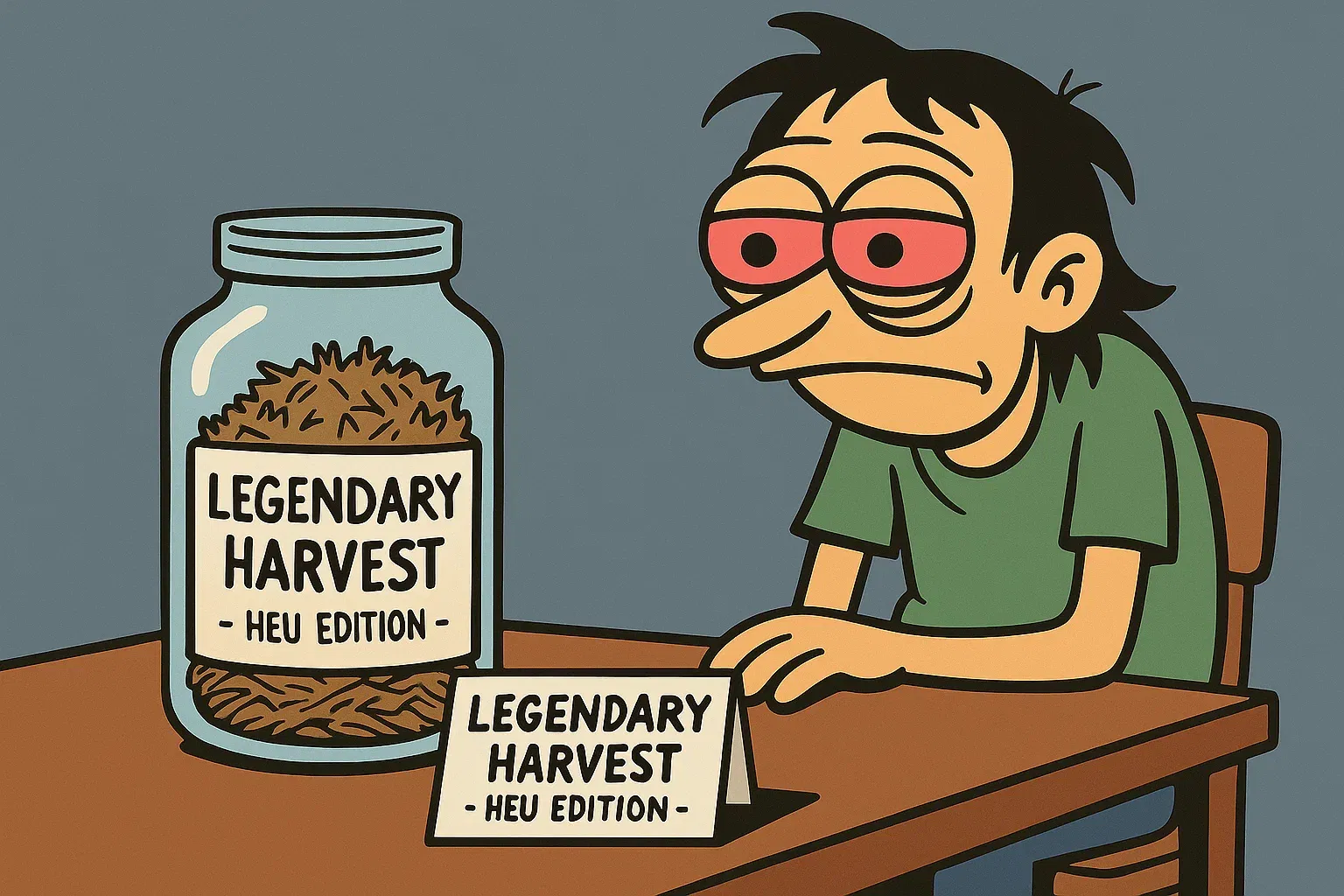 Karikatur: End‑Credits – Glas voll Heu, enttäuschter Stoner