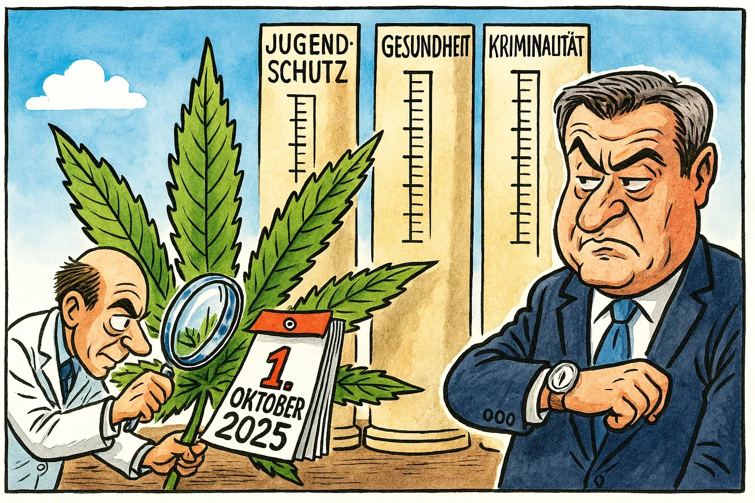 EKOCAN Evaluation – kurz erklärt Karikatur: Wissenschaftler schaut mit Lupe auf Cannabisblatt und ein Kalender zeigt den 1. Oktober