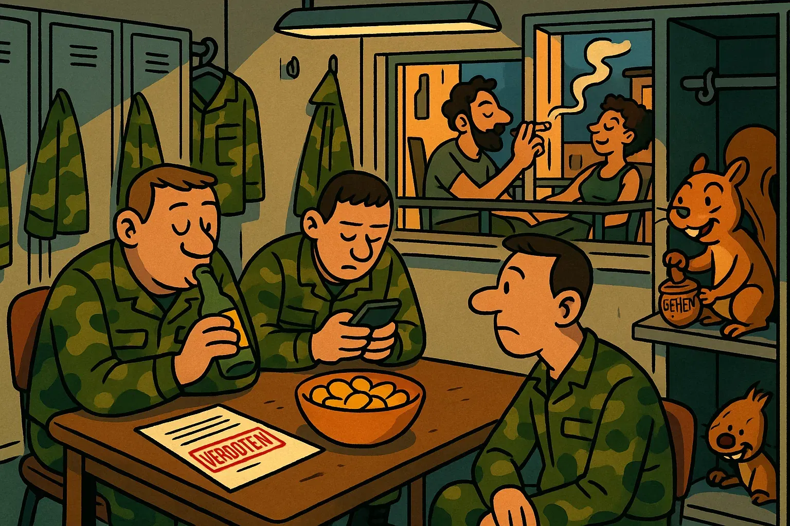 Infografik: Bierglas mit Dienstmütze (grün markiert als OK) vs. Joint im Wohnzimmer (rot markiert als verboten) – Visualisierung des Doppelstandards