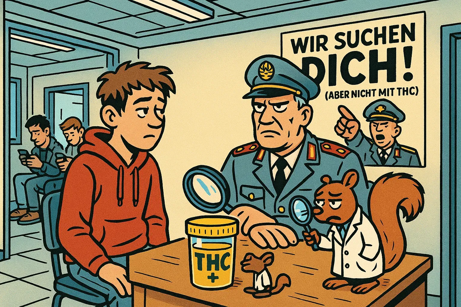 Illustration: Gestresster Bundeswehr-Recruiter vor leerem Wartezimmer, weil Bewerber wegen THC-Tests aussortiert wurden