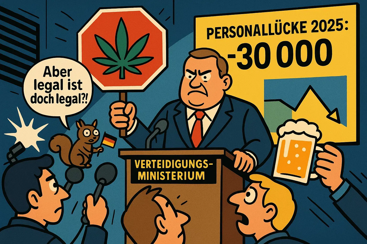 Illustration: Zerrissenes Bundeswehr-Werbeplakat 'Wir suchen Dich!' mit rotem Stempel 'Untauglich wg. THC' vor Hintergrund sinkender Personalchart
