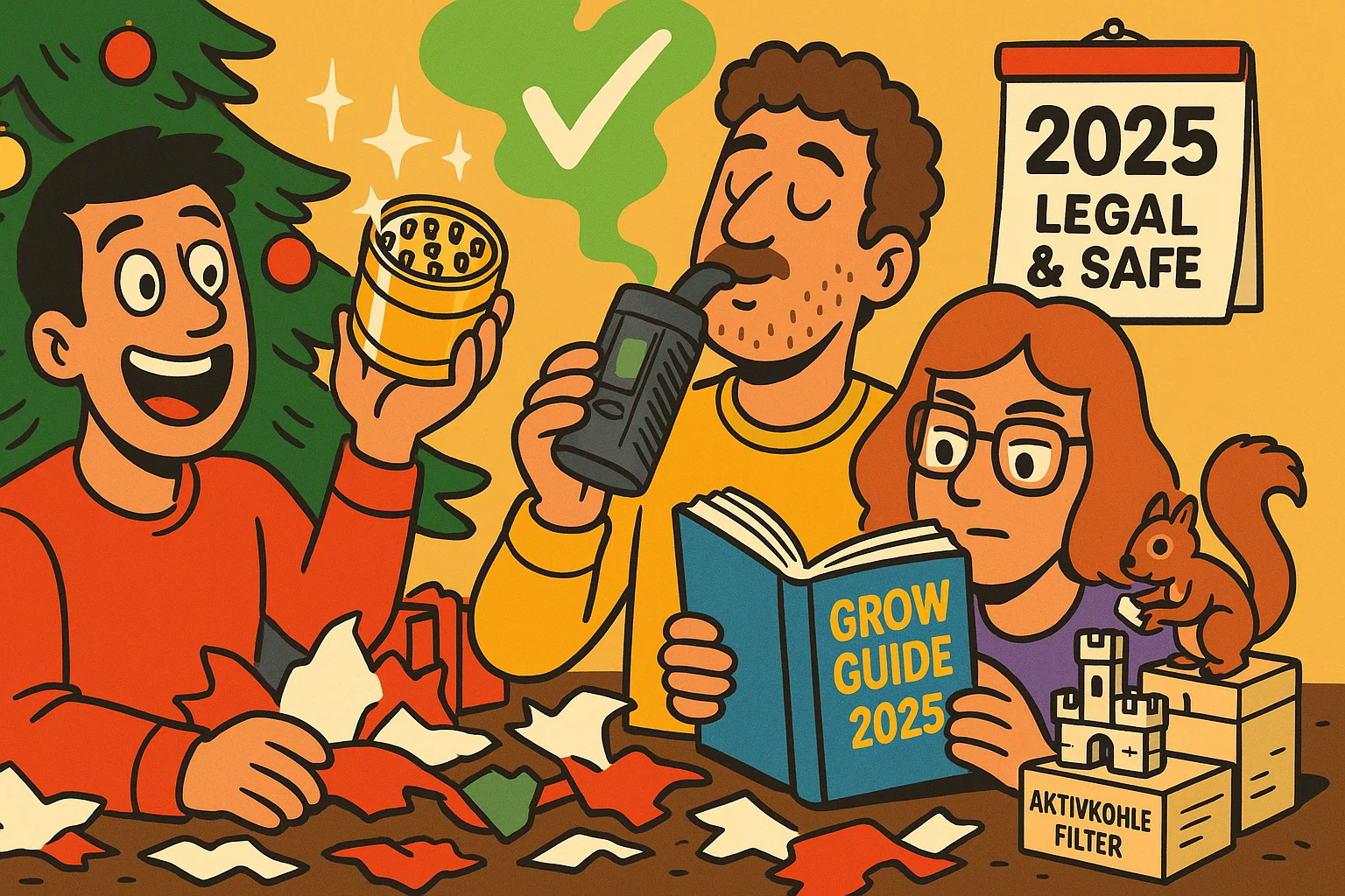 Comic-Zeichnung: Glückliche Beschenkte halten legale Cannabis-Gadgets wie Grinder und Vaporizer in die Höhe