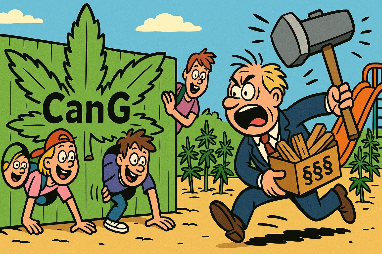 Karikatur zum Jugendschutz: Drogenbeauftragter Streeck versucht, Löcher in einem Schutzzaun in Form eines Cannabisblattes zu flicken.