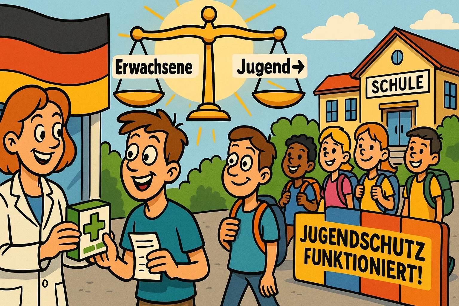 Balance gelungen: Erwachsene profitieren, Jugend geschützt Karikatur: Eine Waage zeigt das Gleichgewicht zwischen verbesserter Versorgung für Erwachsene und stabilem Jugendschutz – die Cannabis-Politik in Deutschland funktioniert.