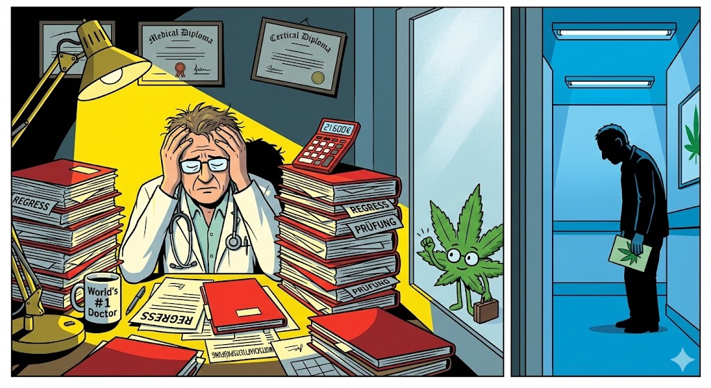 Ein verzweifelter Patient steht vor einer massiven Mauer aus Ablehnungsbescheiden, während im Hintergrund Behördenvertreter mit überdimensionalen Stempeln arbeiten