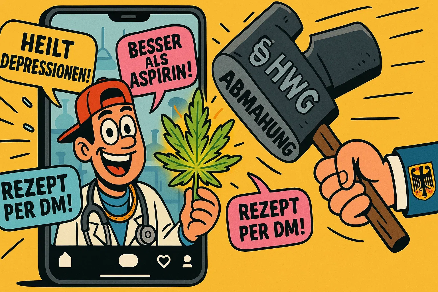 Karikatur: Influencer bewirbt Cannabis mit Heilversprechen auf TikTok und wird von Abmahn-Hammer getroffen