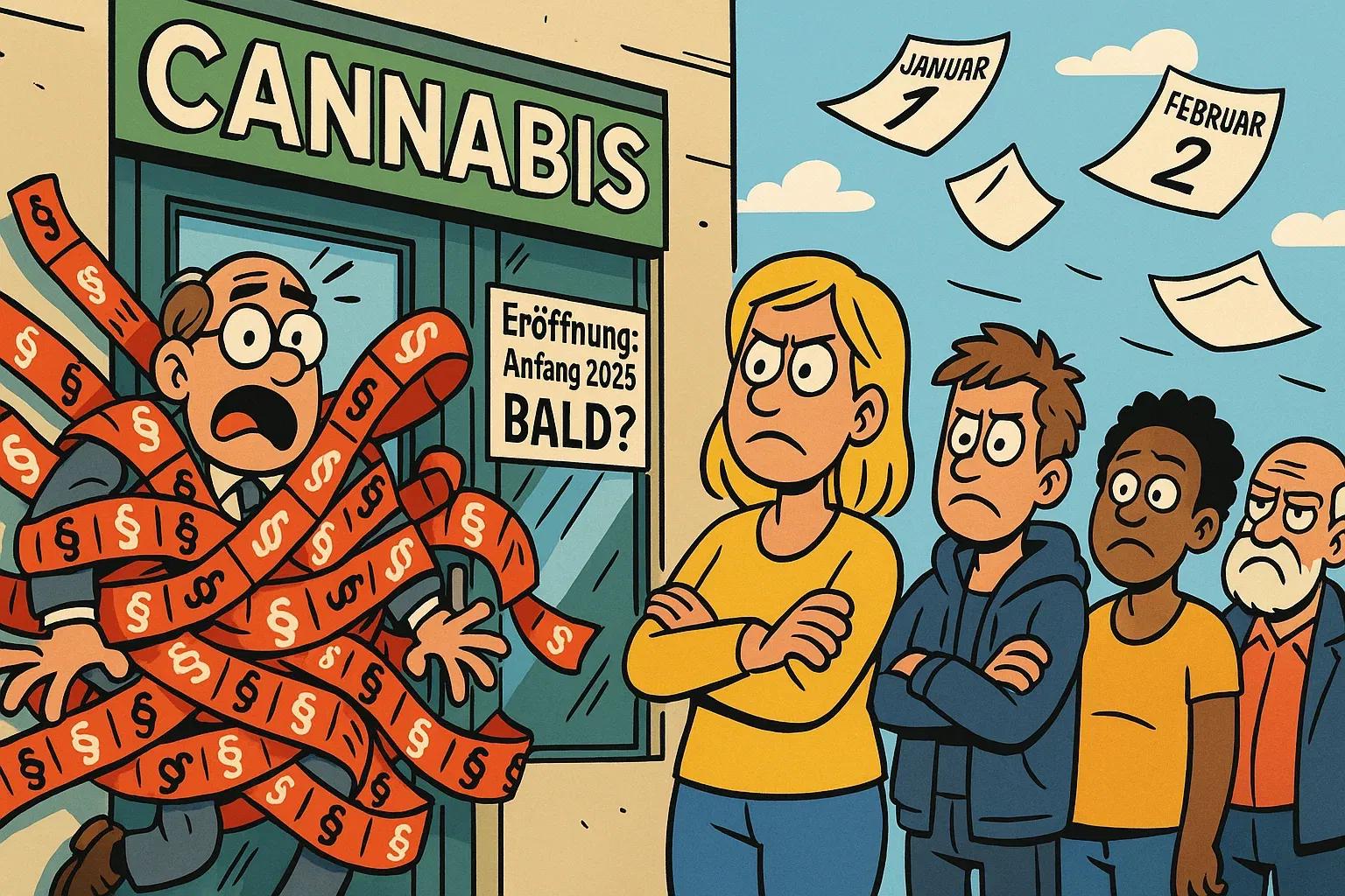 Karikatur: Wartende Menschen vor geschlossenem Cannabis-Fachgeschäft in Hannover/Frankfurt