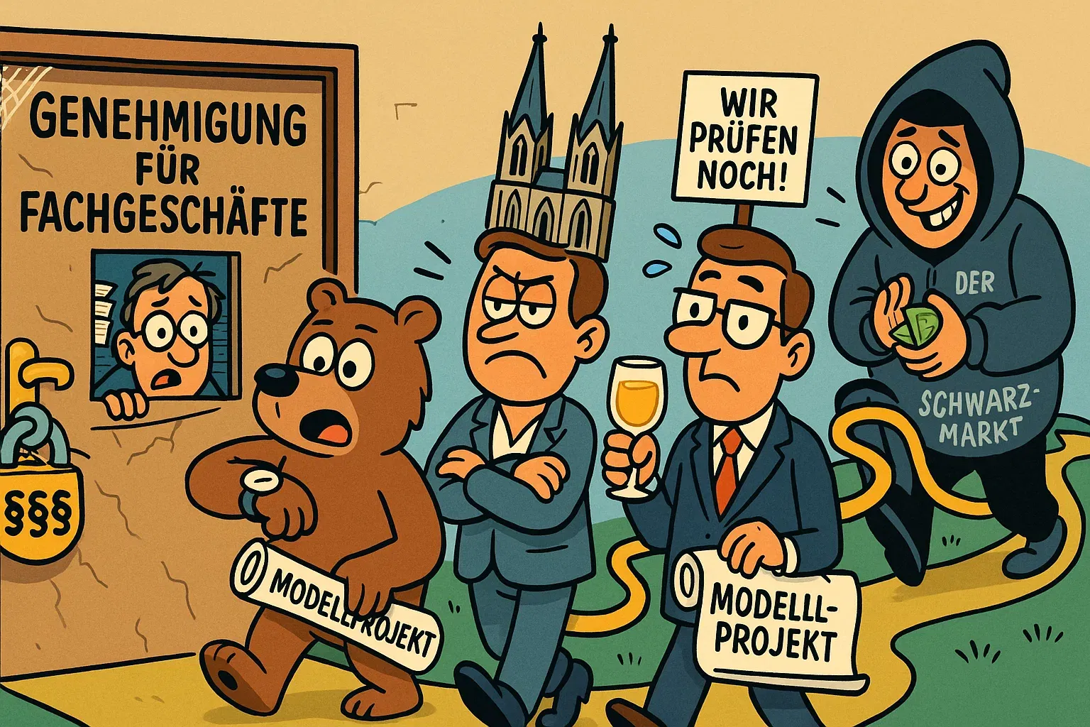 Karikatur: Städte warten auf die Genehmigung für legale Cannabis-Läden