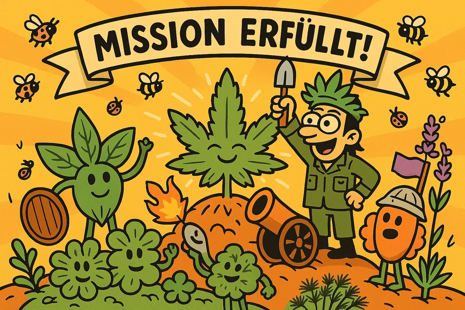 Karikatur: Grower als General befehligt eine Armee aus Cannabis- und Begleitpflanzen.