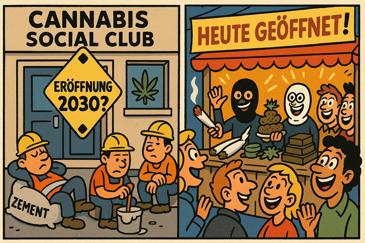 Satirische Karikatur: Links ein leerer Cannabis Social Club mit Schild Eröffnung 2030?, rechts ein lebhafter Schwarzmarktstand mit Banner Heute geöffnet!; davor eine Schlange Käufer