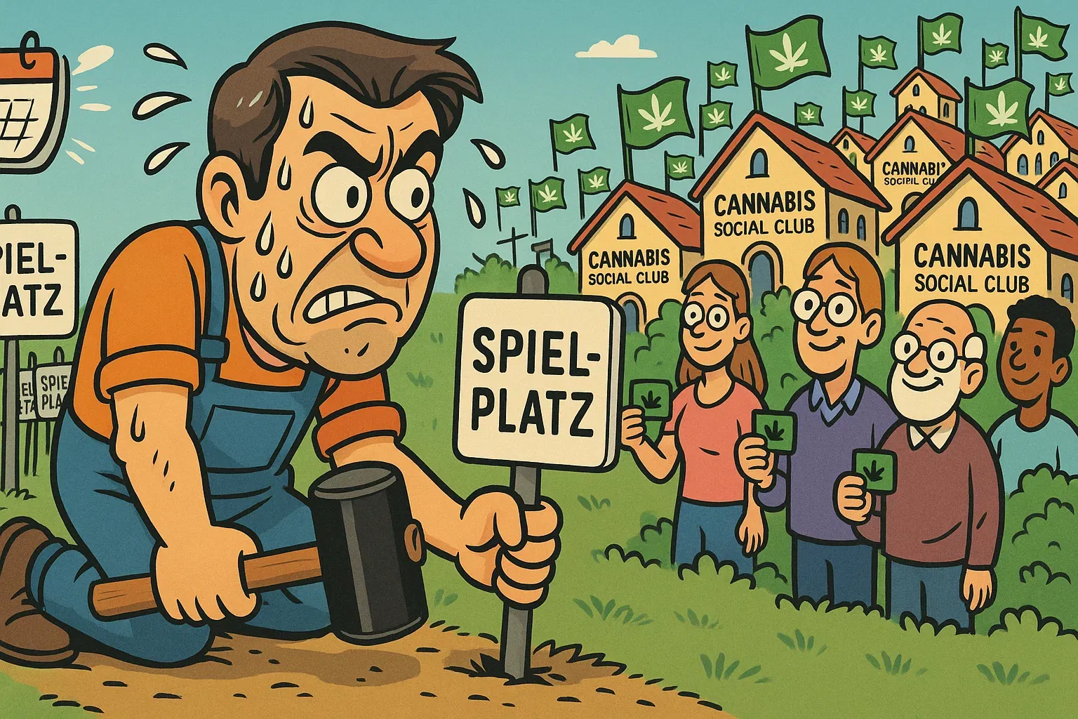 Karikatur: 293 Cannabis Social Clubs wachsen wie Pilze aus dem Boden, während Bürokratie-Monster versuchen sie zu stoppen