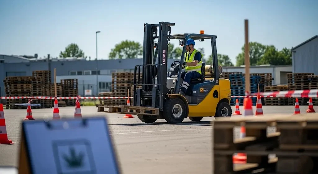 Gabelstapler-Parcours mit Sicherheitskegeln; Symbolbild zur BGHW-Studie in Herborn über THC und Arbeitssicherheit