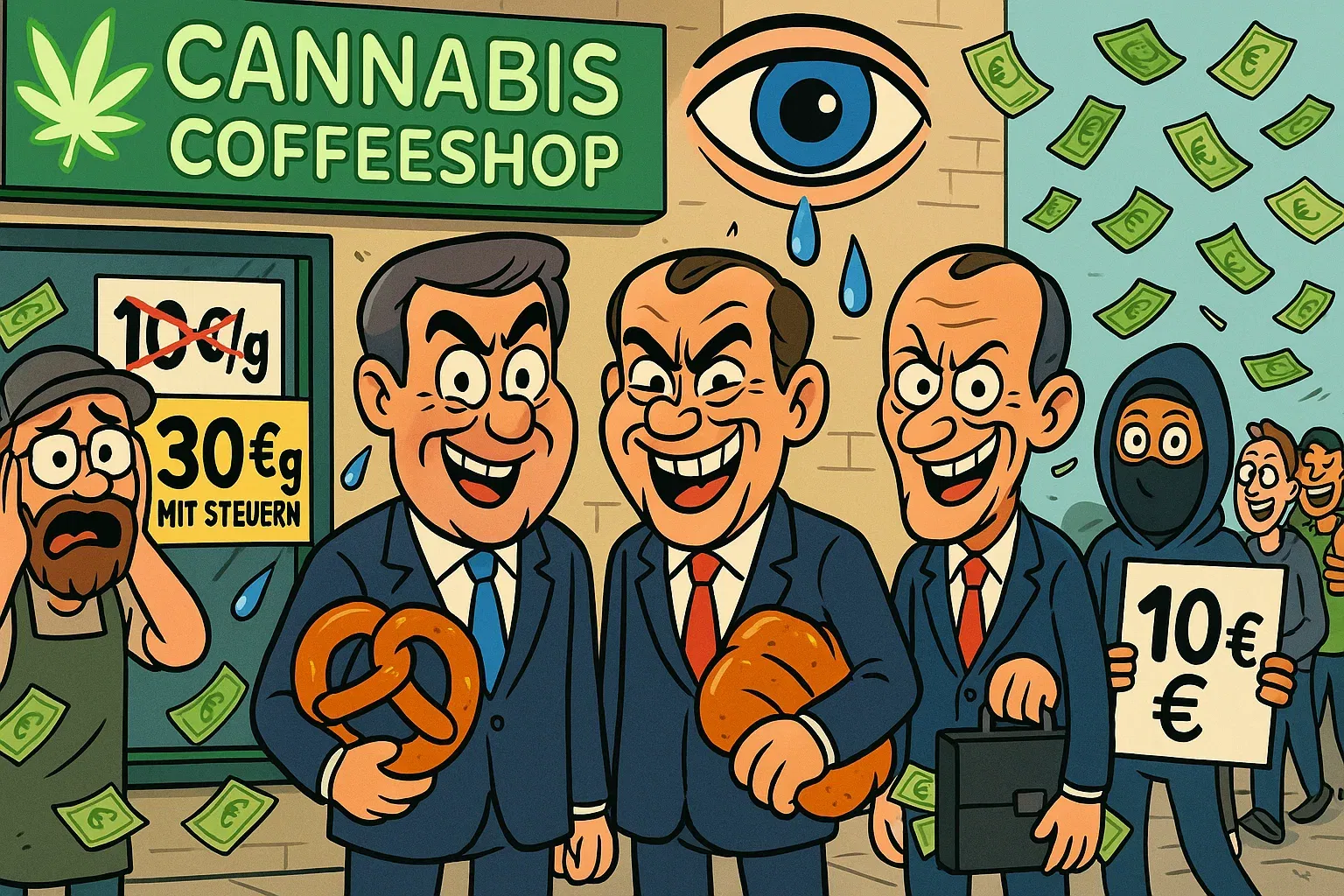 Kurz erklärt: Cannabis-Steuer Deutschland Karikatur: Finanzminister mit Schere schneidet '47% STEUER' aus Cannabis-Pflanze
