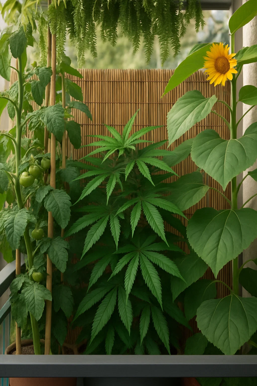 Cannabis Pflanzen perfekt getarnt zwischen hohen Sonnenblumen auf einem Balkon - der ultimative Sichtschutz