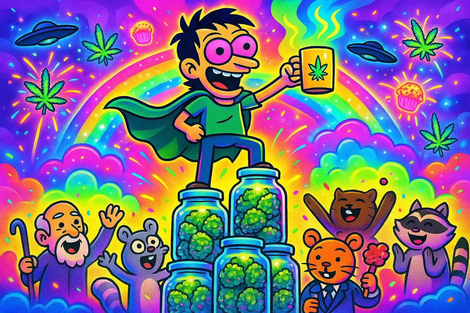 Karikatur: Ein Alchemist feiert sein perfektes Elixier