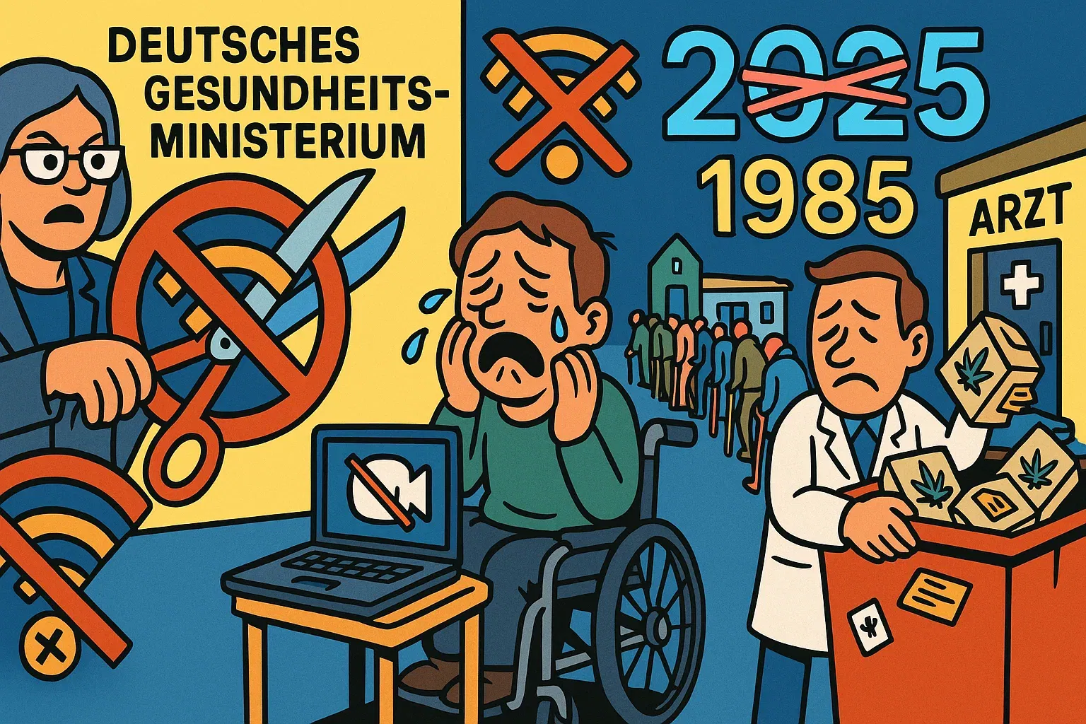 Kurz erklärt: Cannabis-Telemedizin-Verbot Karikatur: Ministerin zerschneidet WLAN-Symbol, Patient im Rollstuhl vor geschlossenem Laptop, lange Warteschlange vor Arztpraxis