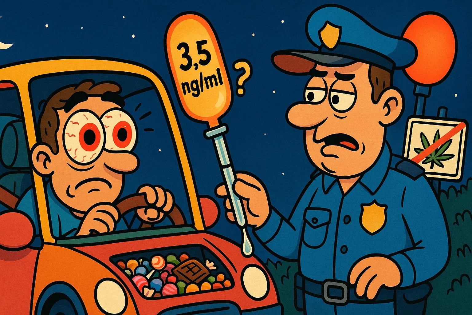 Karikatur: Autofahrer in Polizeikontrolle wegen neuem THC-Grenzwert