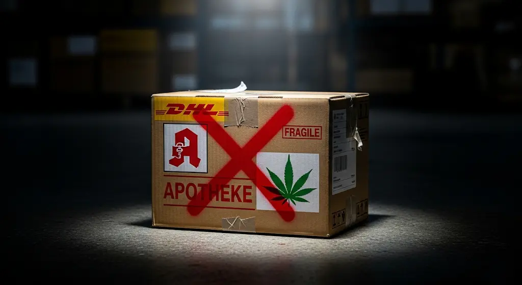 Symbolbild: Ein zerbrechendes Paket mit einem Cannabis-Rezept, das den Schock für Versand-Apotheken und Patienten darstellt