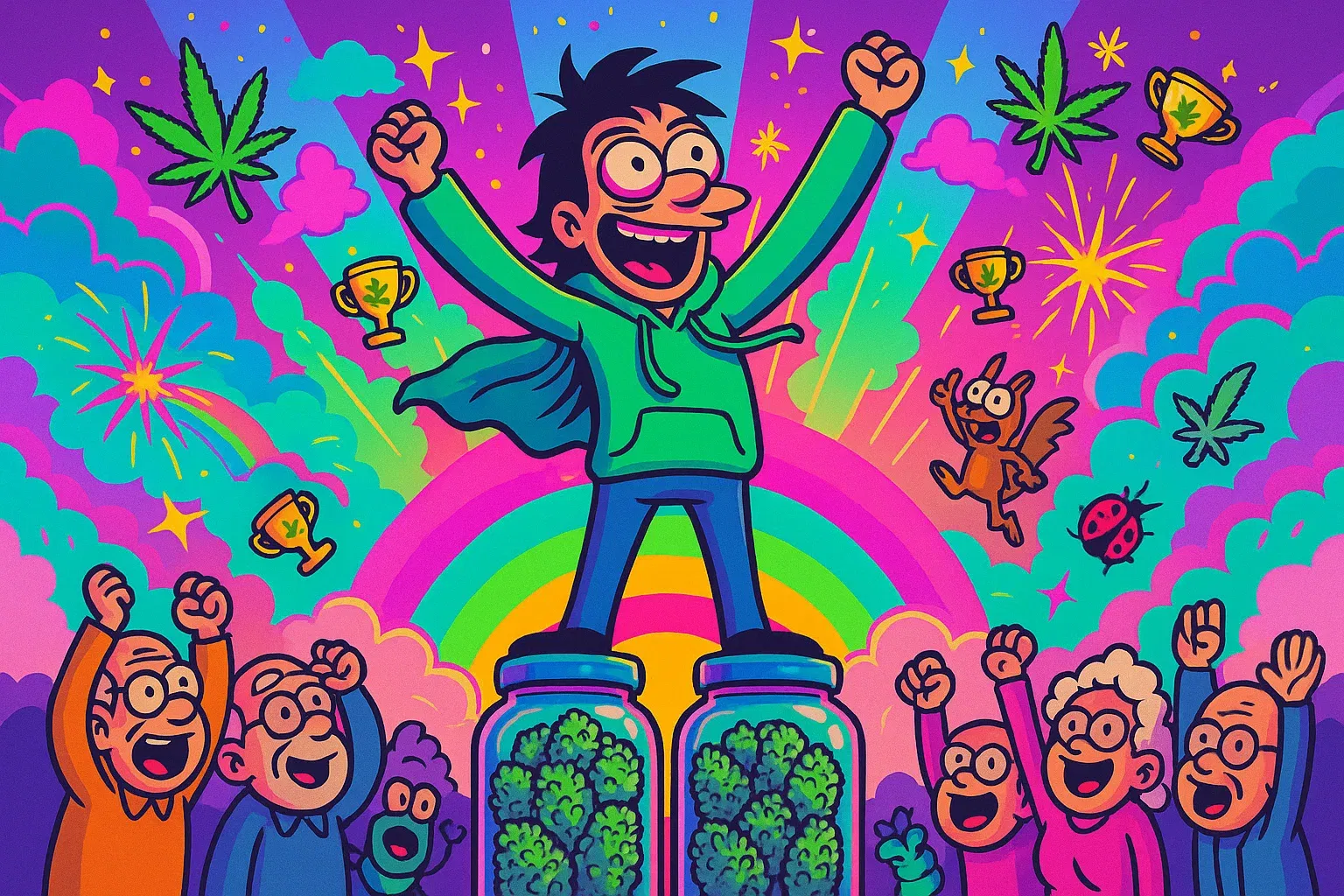 Karikatur: Grower feiert eine riesige Ernte