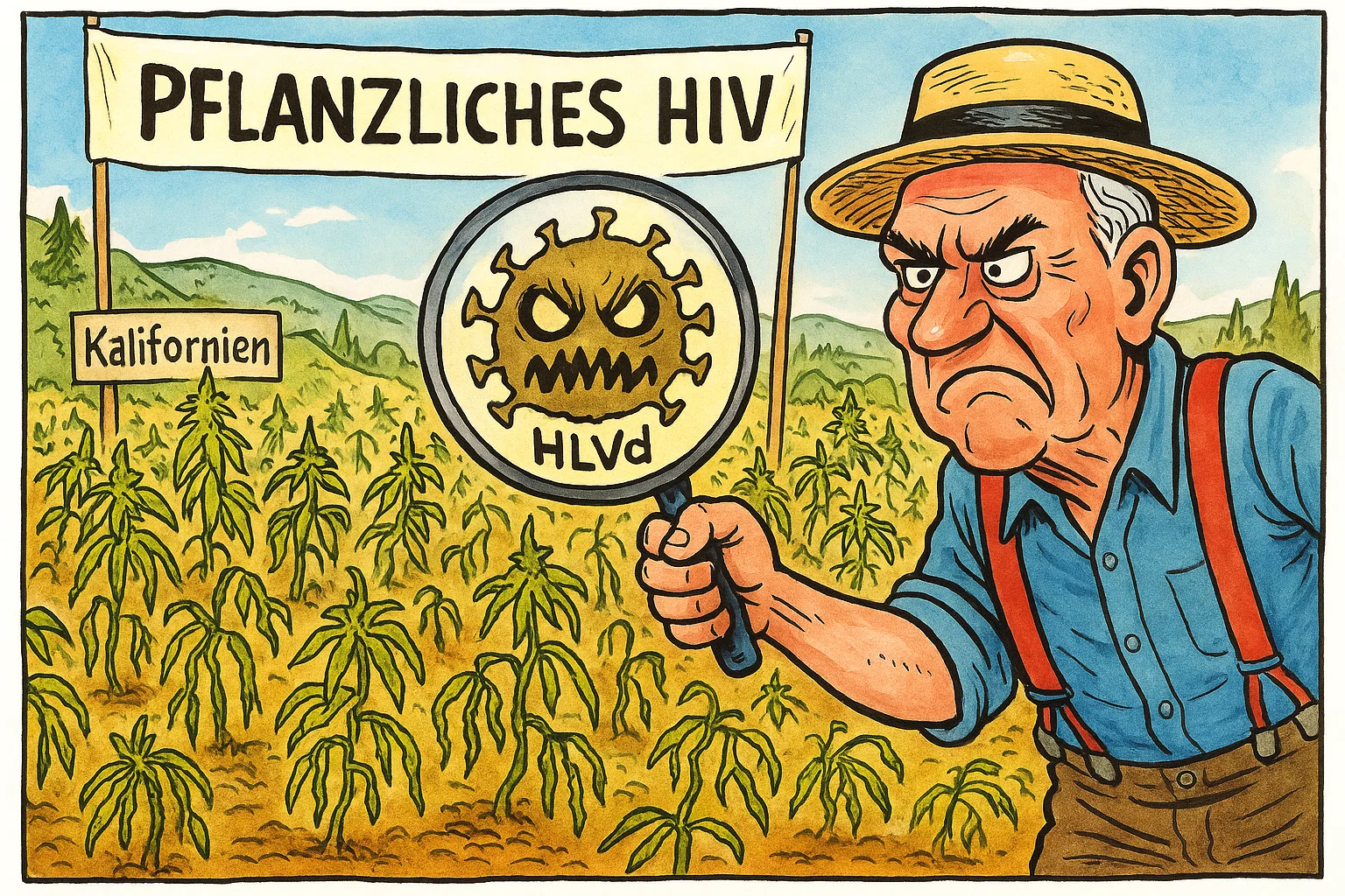 Karikatur eines Farmers in Kalifornien, der mit einer Lupe auf ein monströs gezeichnetes Cannabis-Virus (HLVd) blickt – Symbolbild für das ‚pflanzliche HIV‘