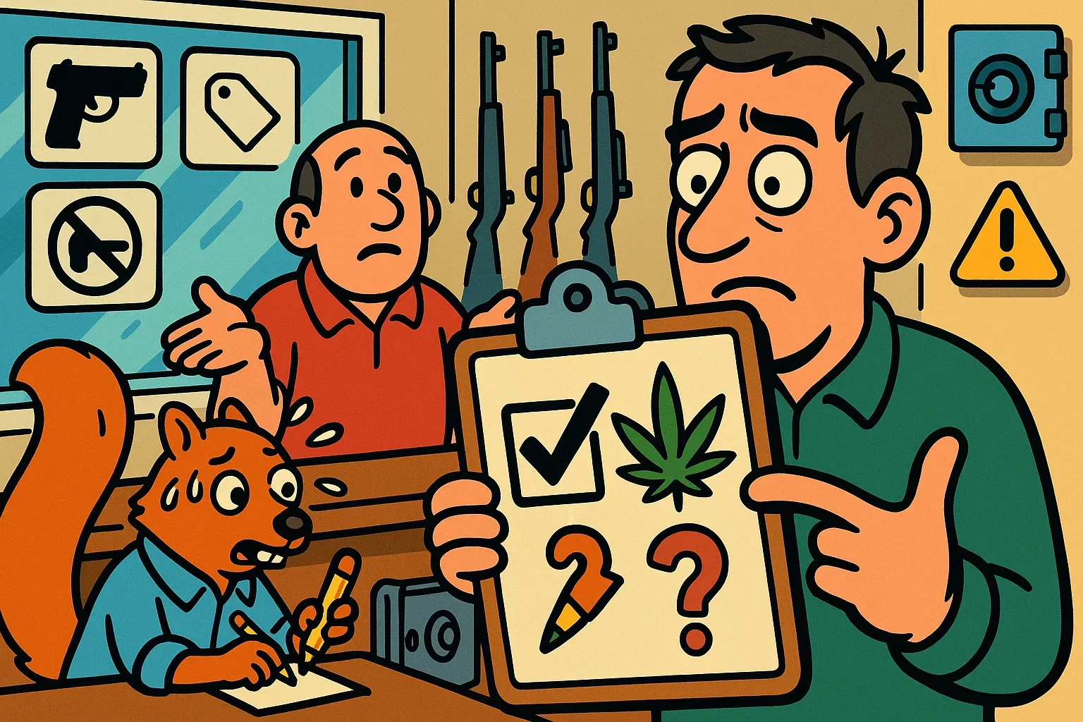 Karikatur: Kunde vor Waffenladen ringt mit Checkbox-Klemmbrett zu Cannabis-Piktogramm – Formular-Dilemma.