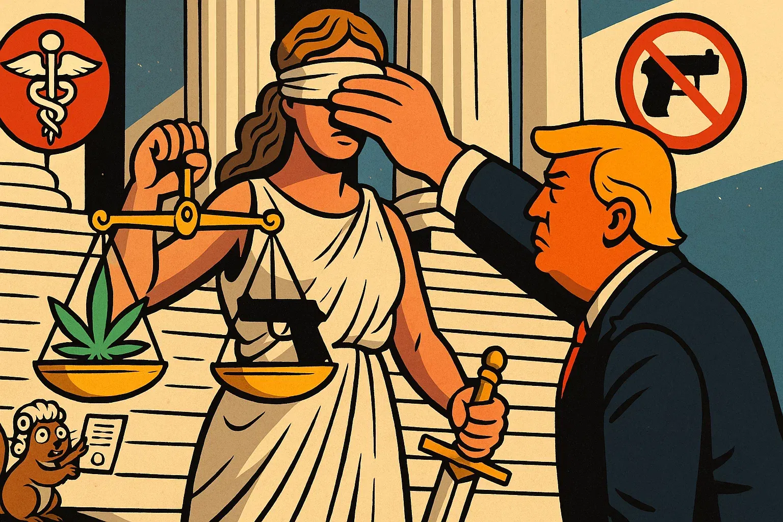 Karikatur: Justitia zwischen Cannabis- und Waffen-Piktogramm; Politikerhand verdeckt die Binde – Supreme-Court-Konflikt.