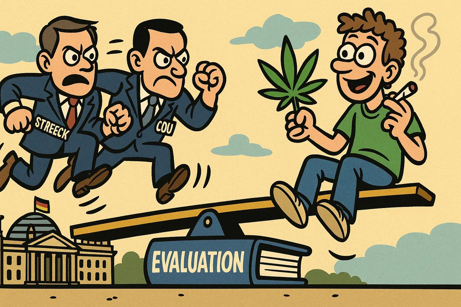 Karikatur zum politischen Streit über das Cannabisgesetz: Ein Nutzer schwebt auf einer Wippe, während Unions-Politiker versuchen, ihn herunterzustoßen.