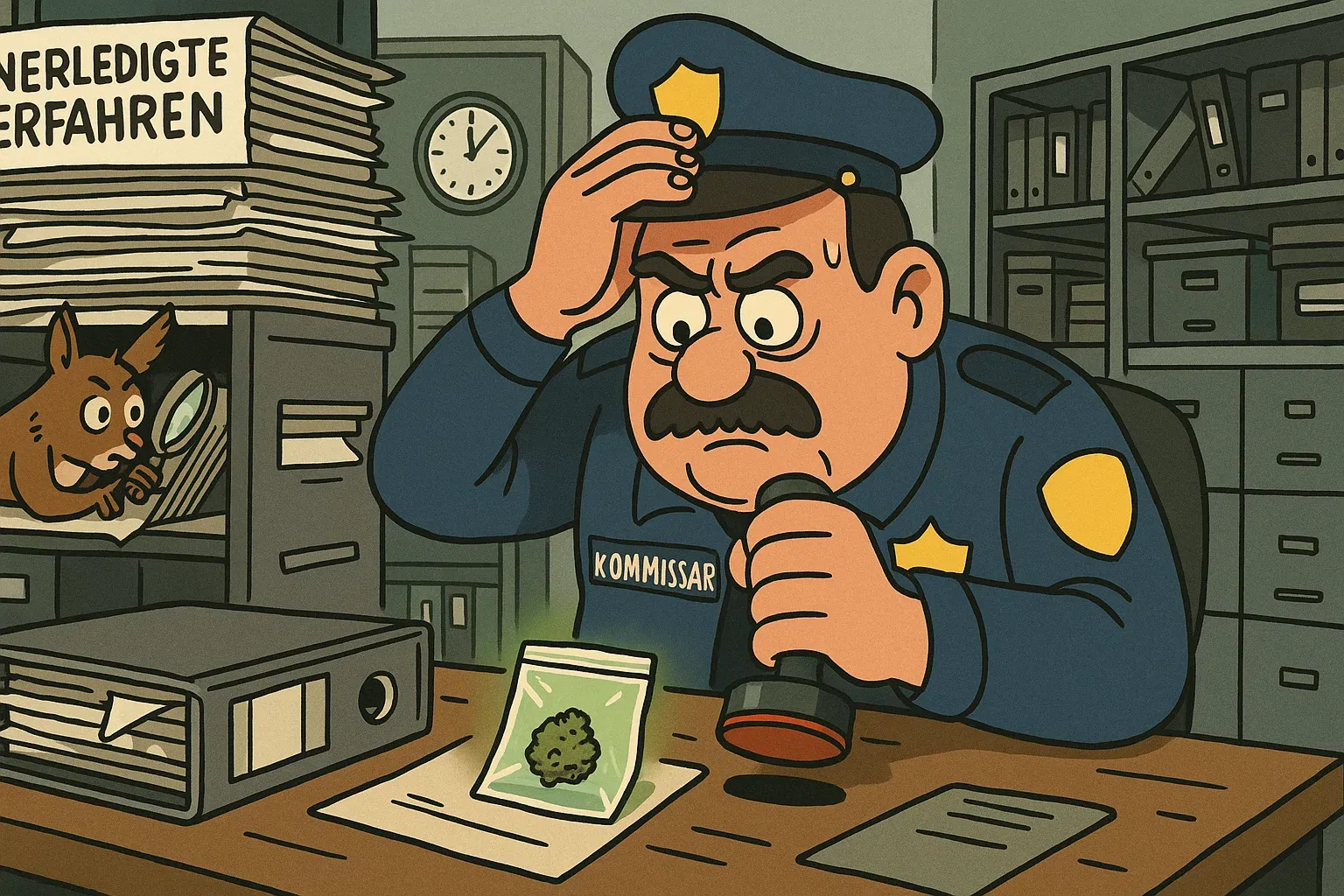 Satirische Darstellung eines Richters, der erleichtert Cannabis-Akten schreddert, während ein Polizist unter neuer Bürokratie ächzt.