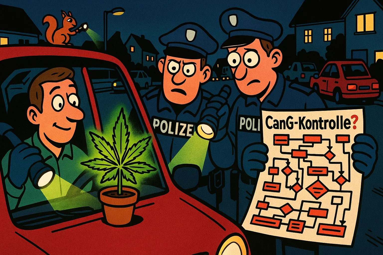 Zwei Polizisten bei einer Verkehrskontrolle, die verwirrt in ein übermäßig kompliziertes Regelbuch zum Cannabisgesetz blicken.