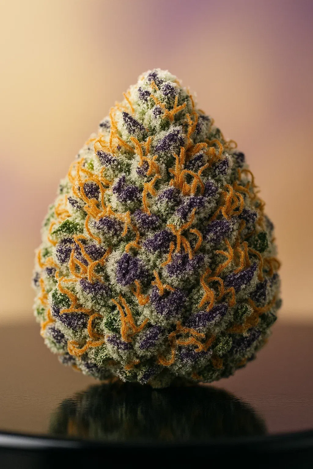 Dichte, frostige Blüte des Cereal A La Mode Strains mit violetten Akzenten und leuchtend orangen Haaren