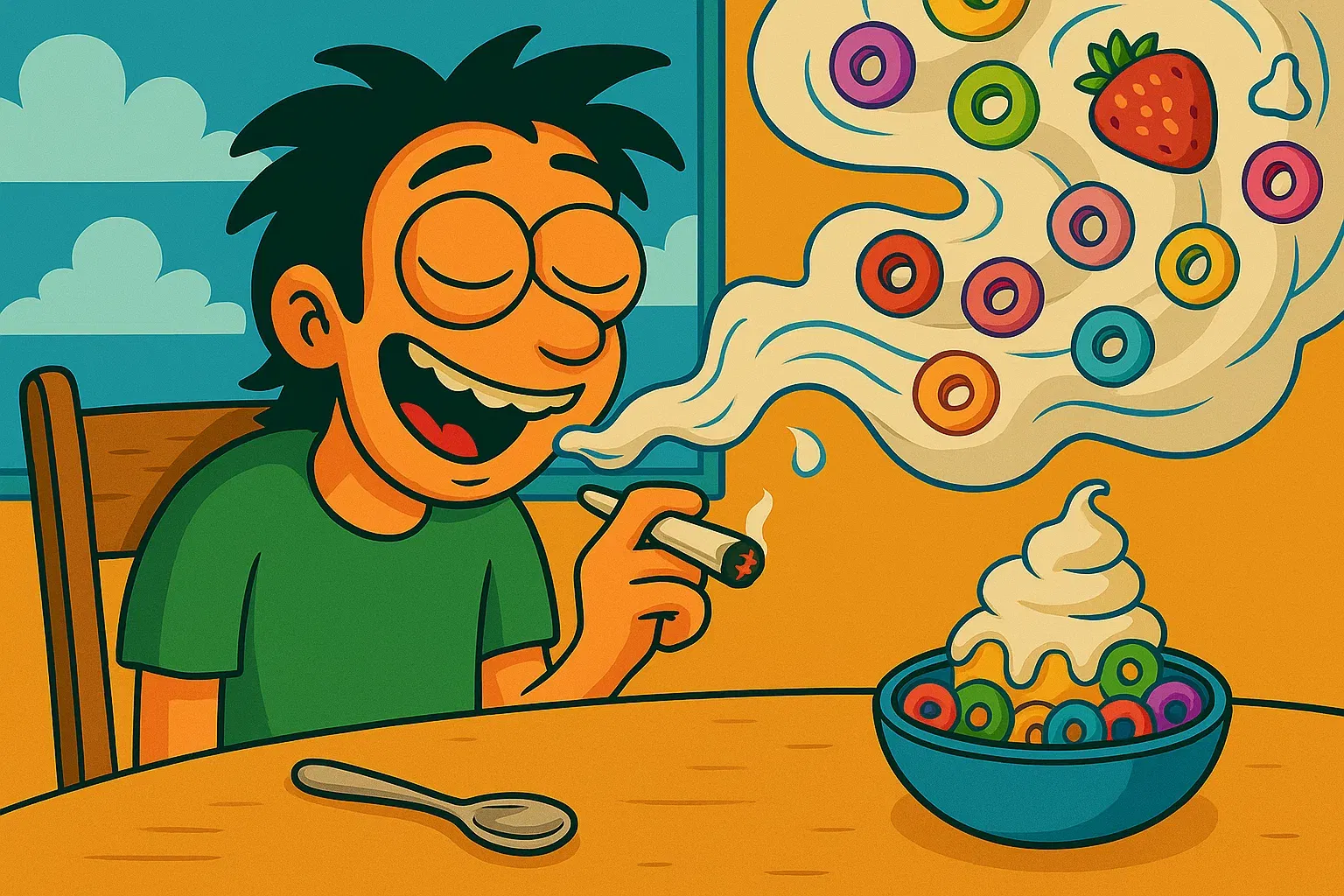 Comic: Aus dem Mund des Helden explodiert ein Strudel aus Milch, Froot Loops und Beeren.