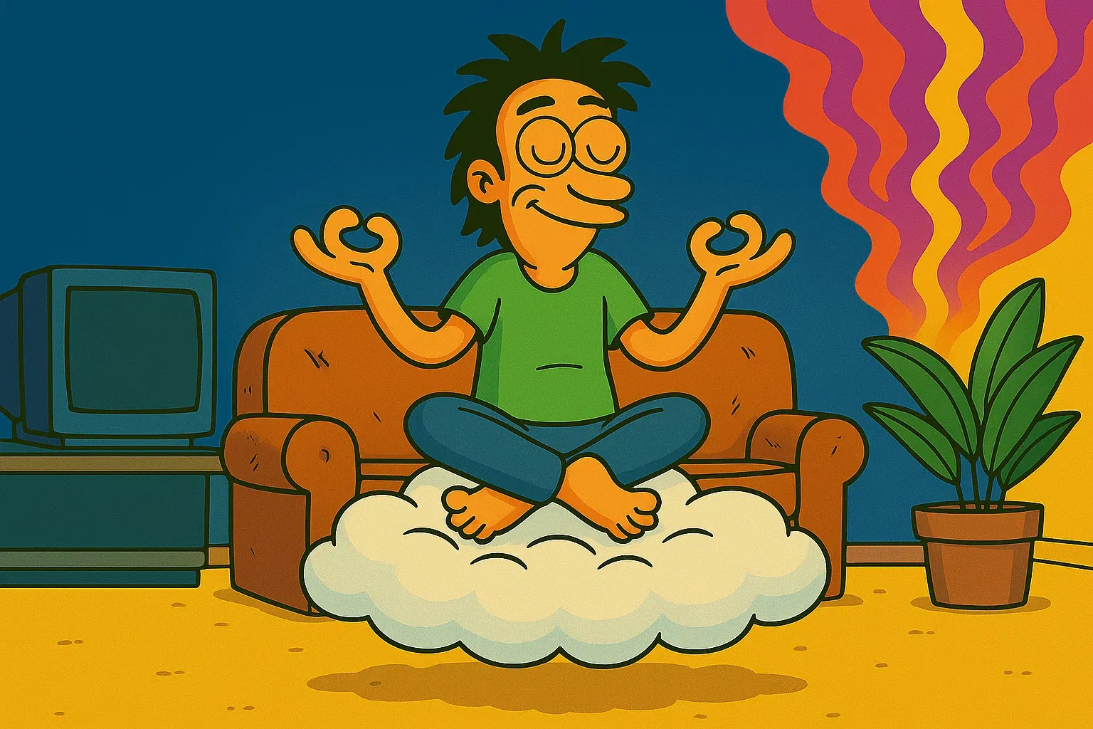 Comic: Held schwebt in einer Zen-Pose auf seiner Couch, die zu einer weichen Wolke geworden ist.